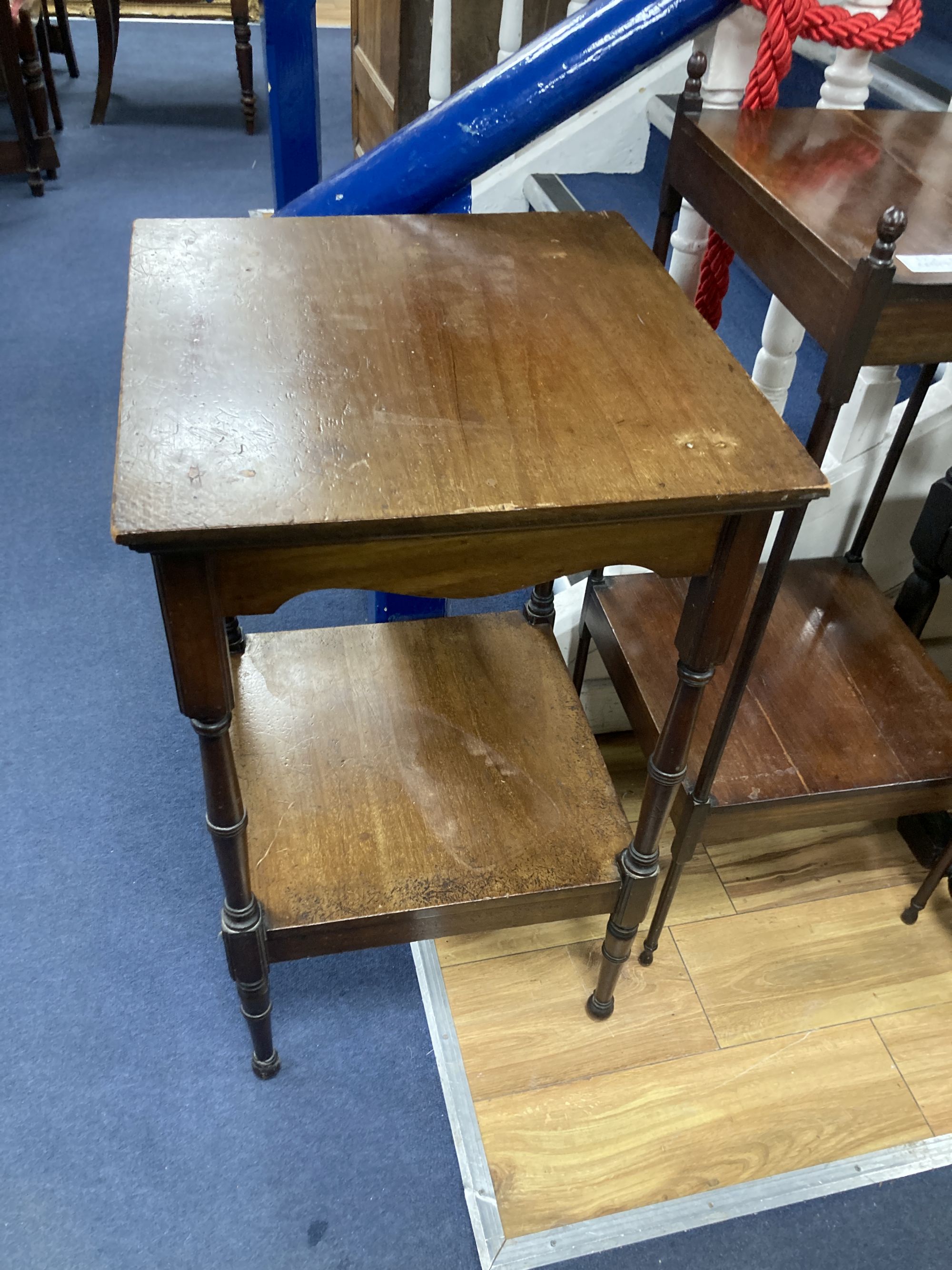Two mahogany 2-tier occasional tables, larger width 45cm, depth 44cm, height 75cm